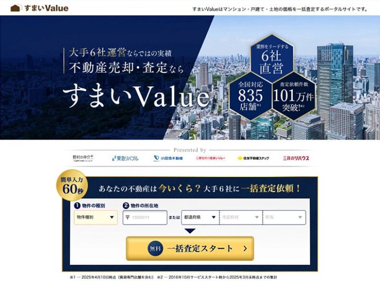 大手6社運営ならではの実績、不動産売却・査定なら「すまいValue」